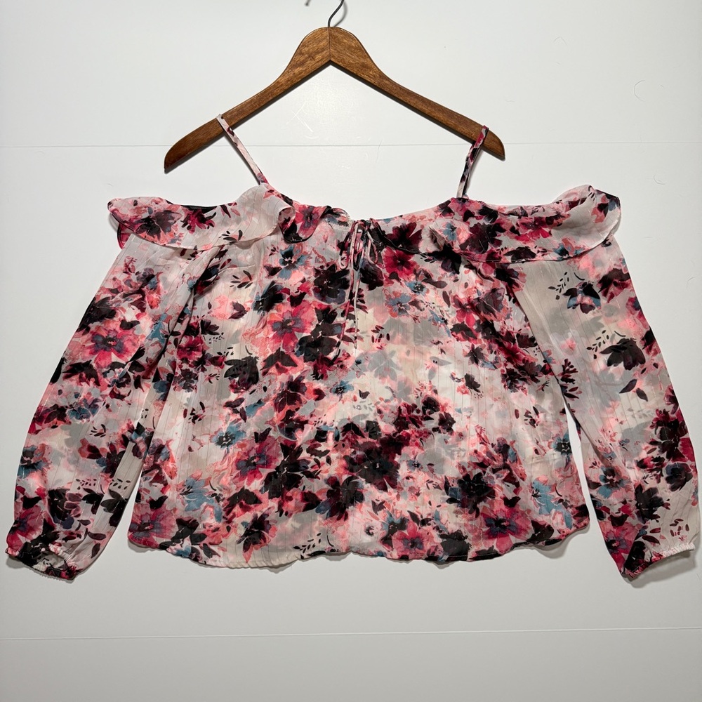 Arizona Jean Co. Women's Cold Shoulder Pink Purple Floral Blouse, Size M
